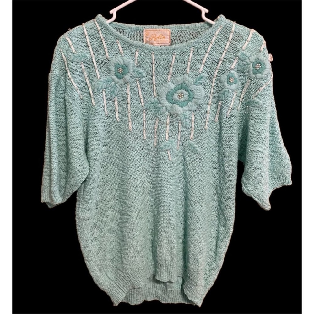 Aqua Knit Sweater with Floral Design